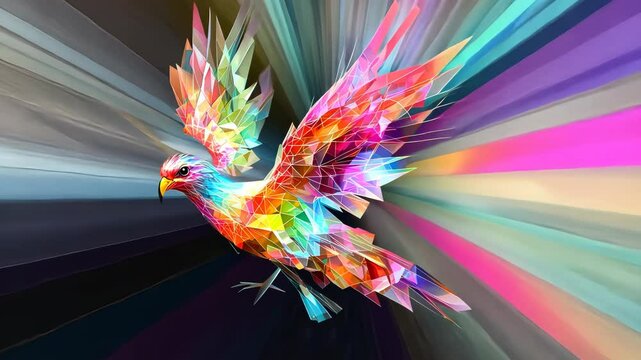 Vibrant abstract bird in flight, geometric shapes, dynamic colors