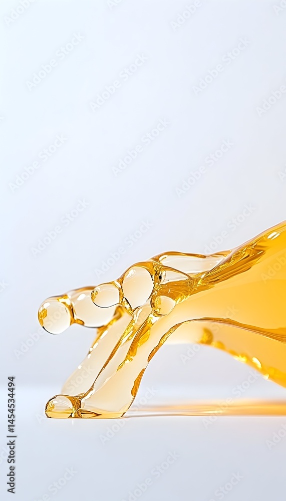 Poster abstract amber liquid sculpted into a reclining figure, casting a subtle shadow on a light backgroun
