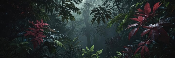 Shadowy rainforest leaves, deep jewel tones, intricate detail, blue, lush