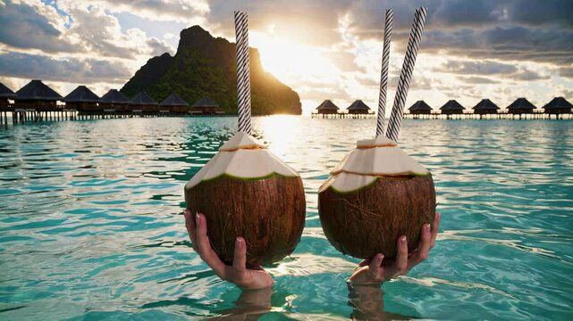 Two tourists are enjoying a refreshing coconut drink in the turquoise waters of bora bora, french polynesia, with a stunning sunset view of mount otemanu and overwater bungalows