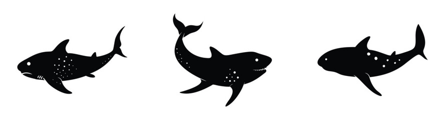 Obraz premium Set of shark and fin vector illustration isolated icons. Shark silhouette set vector design big pack of sea illustration and icon shark silhouette vector Bundle illustration Different kind of sharks