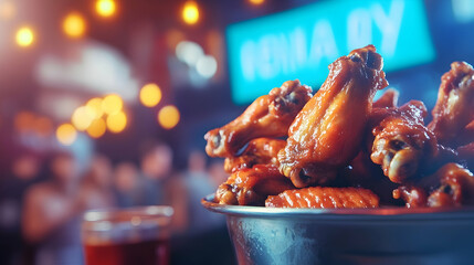 Spicy chicken wings, an iconic bar food, against blurred bar atmosphere