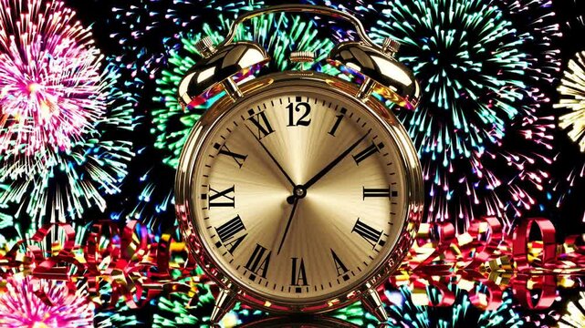 Golden alarm clock showing midnight, surrounded by colorful fireworks exploding in night sky and festive ribbons, creating celebratory new year's eve atmosphere