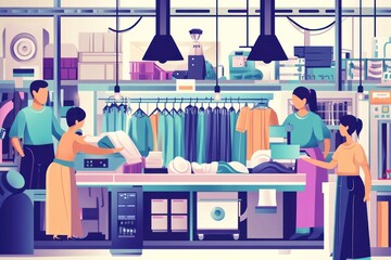 Workers in a modern laundry processing and sorting clothes.