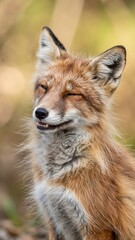Relaxed red fox with closed eye sitting in natural forest setting