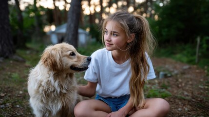 Girl Sitting with Golden Retriever Dog Outdoors in Nature During Sunset