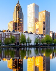 Naklejka premium Golden hour cityscape reflected in calm water