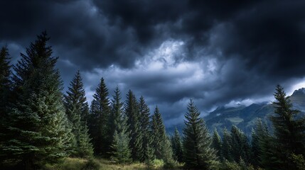 Dramatic stormy sky over pine forest landscape
