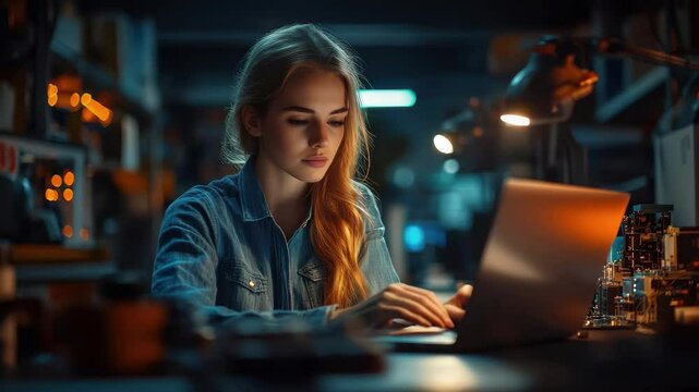 Woman is sitting at a desk with a laptop open in front of her. She is focused on the screen, possibly working on a project or browsing the internet. Concept of productivity and concentration