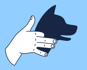 Hand gesture casting shadow of barking dog  head silhouette. Shadow puppet vector illustration.