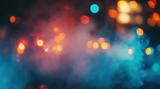 Abstract smoky background with blurred colorful lights.
