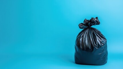 Full black garbage bag on blue background.