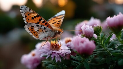 Obraz premium Close-up of butterfly gathering nectar from pink daisy flowers in a garden during sunset