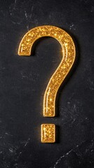 A glittering gold question mark shines against a dark marble textured background
