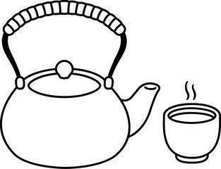Japanese tea ceremony drawing. Clay teapot and steaming cup of green tea. Black and white line art, simple hand drawn doodle vector illustration.