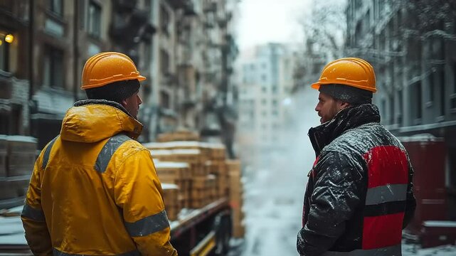 Two construction workers in winter gear converse outdoors