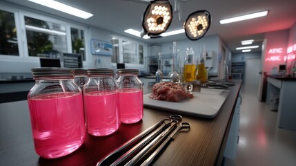 Modern laboratory setting with glass jars filled with pink liquid, surgical scissors, raw meat, and scientific equipment in a clinical environment