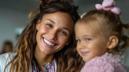 Fototapeta premium Happy Female Doctor and Young Girl Smiling Close-Up in Medical Clinic Setting