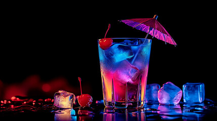 Neon Cocktail with Cherry and Umbrella Night Drink