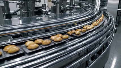 Golden brown buns moving along metal conveyor belt in modern, automated food processing facility, highlighting precision of industrial baking technology