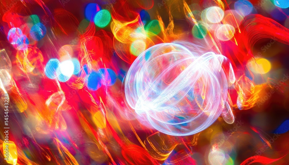 Poster abstract artwork with swirling lights and a central glowing orb featuring a spectrum of colors like 