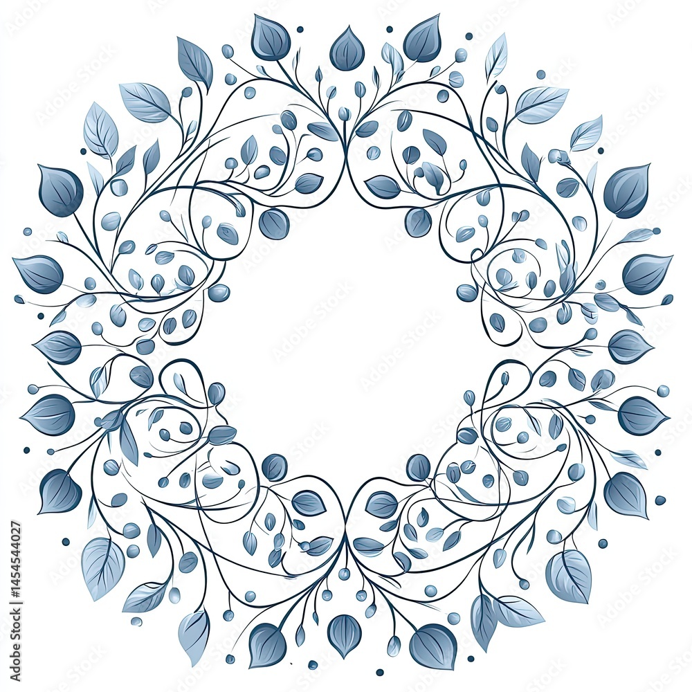 Aufkleber elegant circular floral design in blue and white with delicate leaves and vines arranged around an e