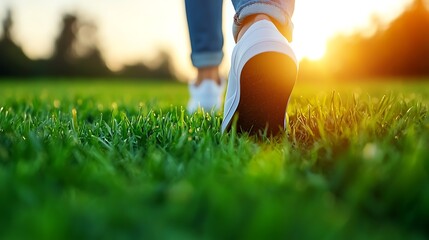 Person Walking on Lush Green Grass at Sunset