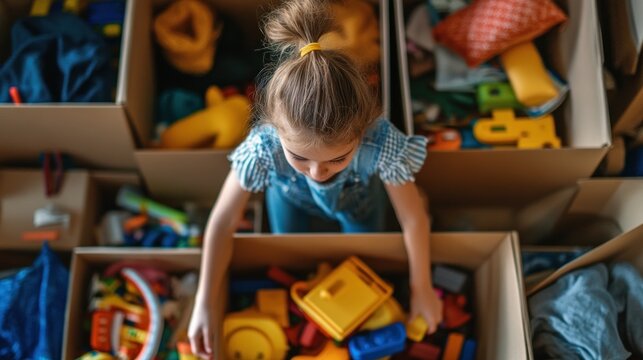 Overhead view of girl sorting toys into cardboard boxes.