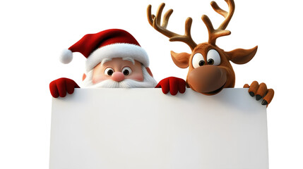 Cartoon Santa and his reindeer friend peeking above a blank sign, with Santa hat tilted and reindeer antlers decorated, isolated on white
