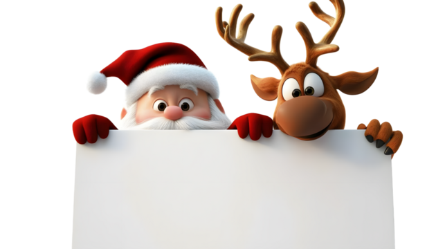 Cartoon Santa and his reindeer friend peeking above a blank sign, with Santa hat tilted and reindeer antlers decorated, isolated on white
