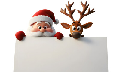 Cartoon Santa and his reindeer friend peeking above a blank sign, with Santa hat tilted and reindeer antlers decorated, isolated on white