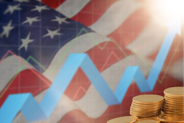 Stock market investment trading financial, coin and USA America flag for analyze finance business...
