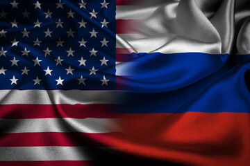 Flag of United States of America and Russia - indicates partnership, agreement, or trade wall and conflict between these two countries