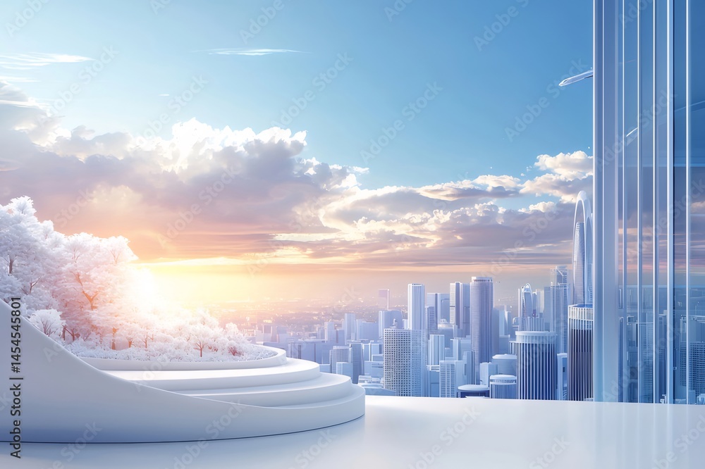 Poster 未来的な都市のパノラマ風景 白い構造と青い空 太陽光の差し込むデザイン