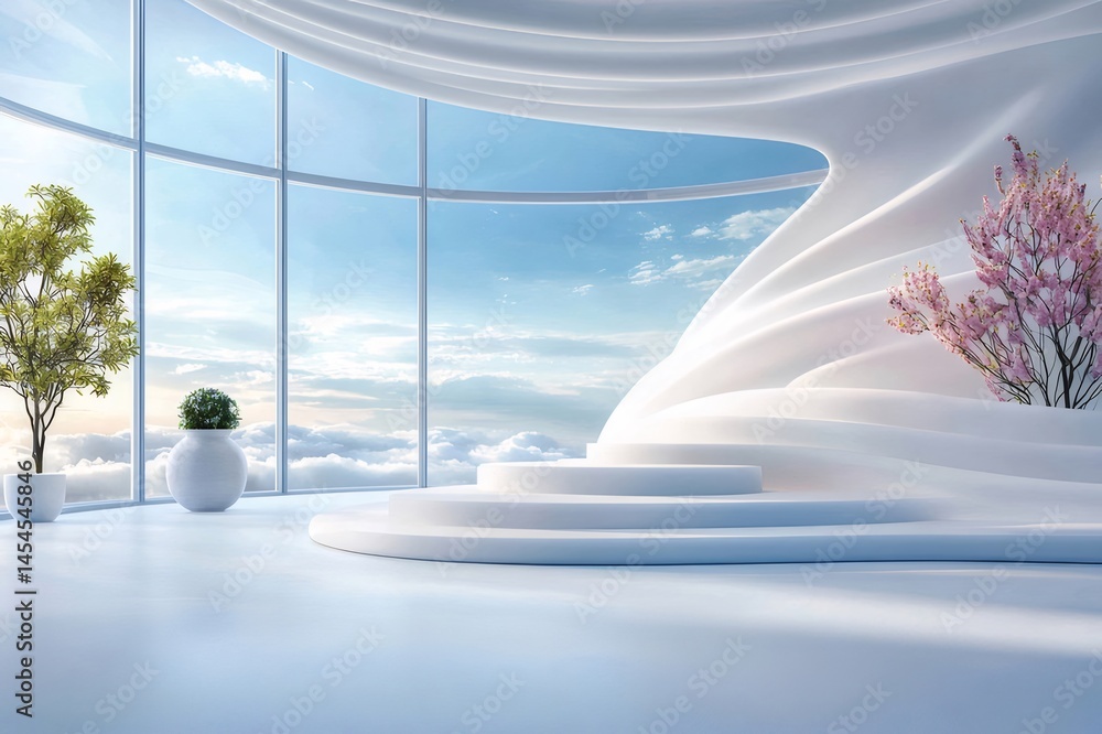 Poster 白い未来的な建築空間 雲と青い空を背景に窓から見える木と植物と曲線美