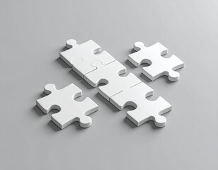 3D Render of White Puzzle Pieces on Grey Background, Isometric View, Minimalist Design Concept, Solution Symbol, Teamwork Metaphor, Strategy Planning, Blank Template