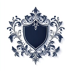 Elegant ornate shield emblem design with floral swirls and decorative elements in navy blue and white colors on a bright white background.