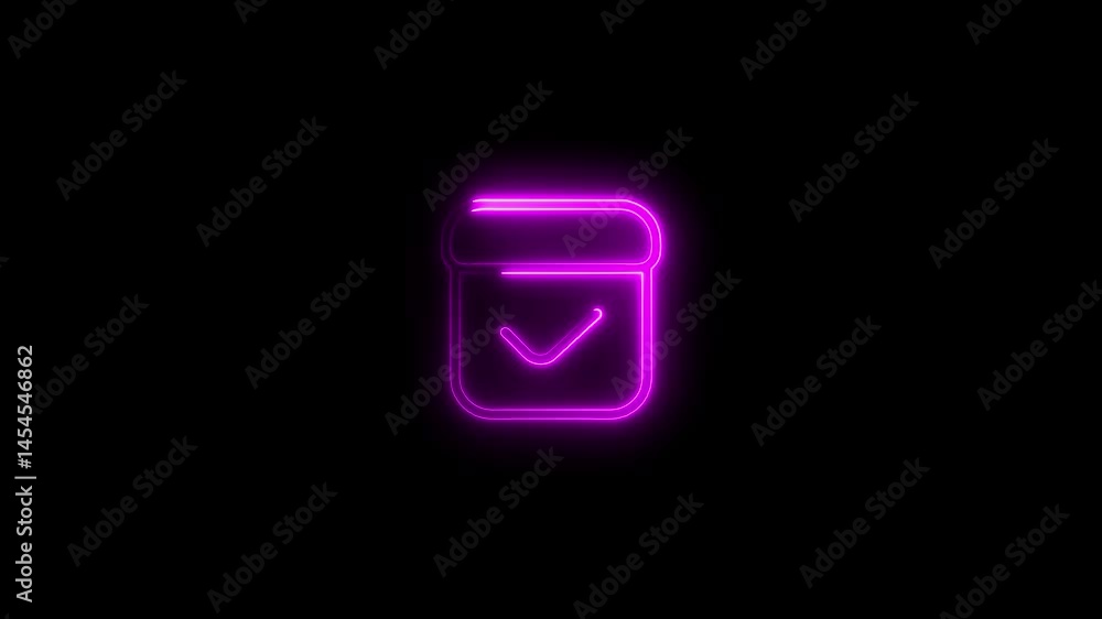 Poster glowing neon checkmark inside square box animation on black background