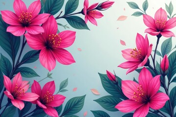 Bold fuchsia blossoms, stylized leaves, modern floral print , floral, contemporary