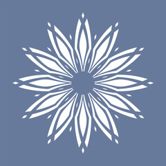 Abstract Flower Icon. Radial Geometric Circle Floral Pattern. Decorative Round White Design Element on Blue Background.