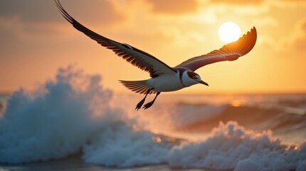 Naklejka premium High-resolution stock photo of a majestic bird, such as a seagull or albatross, soaring overhead, its wings fully extended, with the warm golden light of dawn casting a gentle glow on its feathers