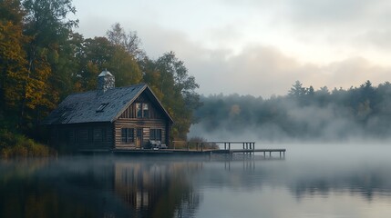 Obraz premium Misty morning scene of a rustic cabin by a tranquil lake.