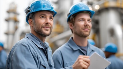 Two workers in blue uniforms and helmets are engaged in discussion at a petroleum refinery. They appear focused on safety and operational protocols in this industrial environment