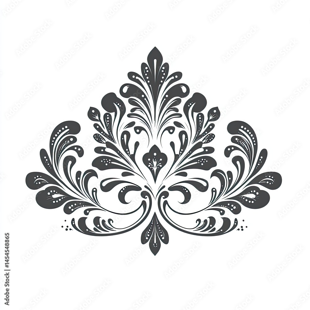 Poster symmetrical floral design in grayscale against a white background intricate leaf and scroll pattern 