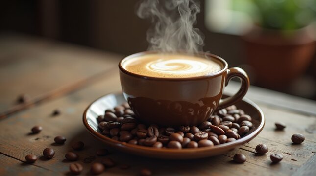 High-resolution stock photo of a steaming cup of freshly brewed coffee positioned centrally on a rustic, weathered wooden table, with an emphasis on the intricate texture of the coffee beans