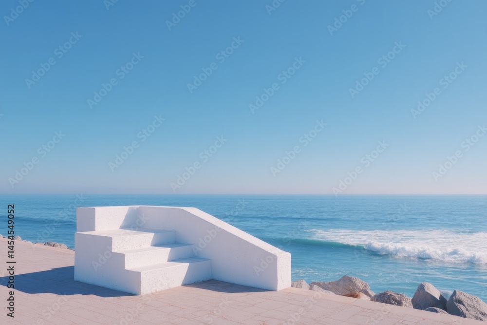 Poster prompt minimalistic sunlit empty podium on tranquil beachfront surrounded by serene ocean waves