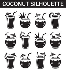 Silhouette of an exotic coconut cocktail with a straw and lime slice, designed for tropical drink graphics.

