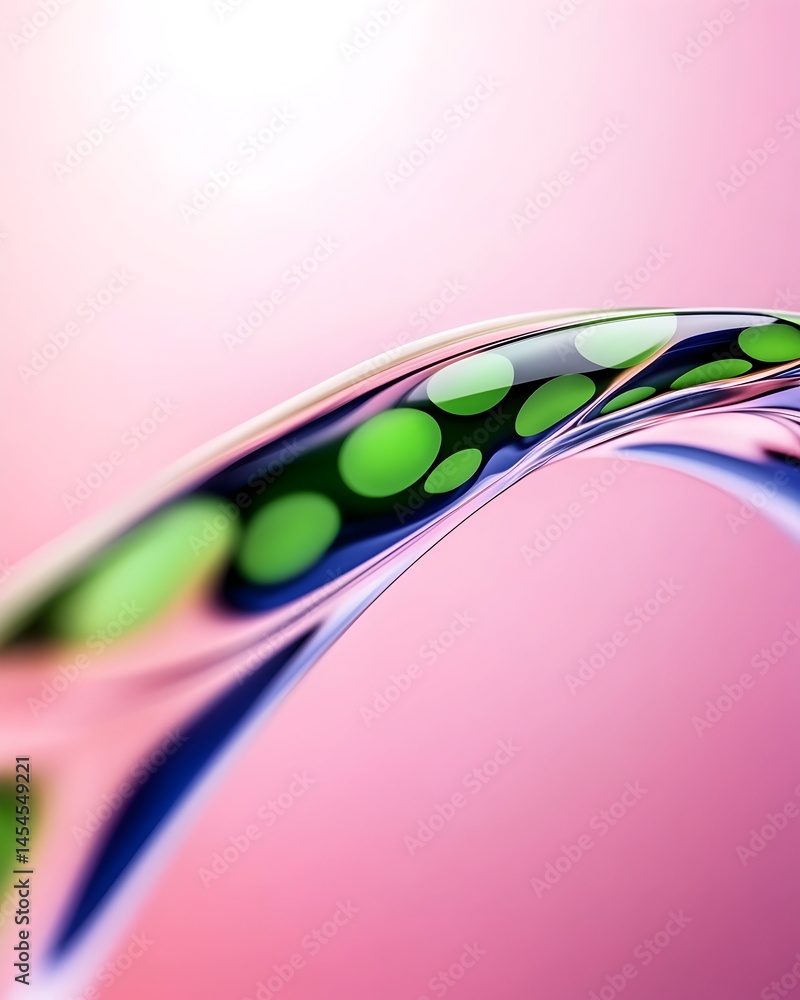 Poster abstract flowing translucent form with vibrant green circles embedded, set against a soft pink backd