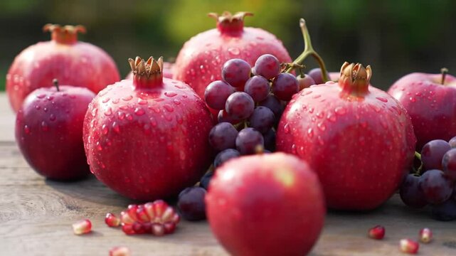 Vibrant still life of freshly picked pomegranate, grape and apples on wood surface