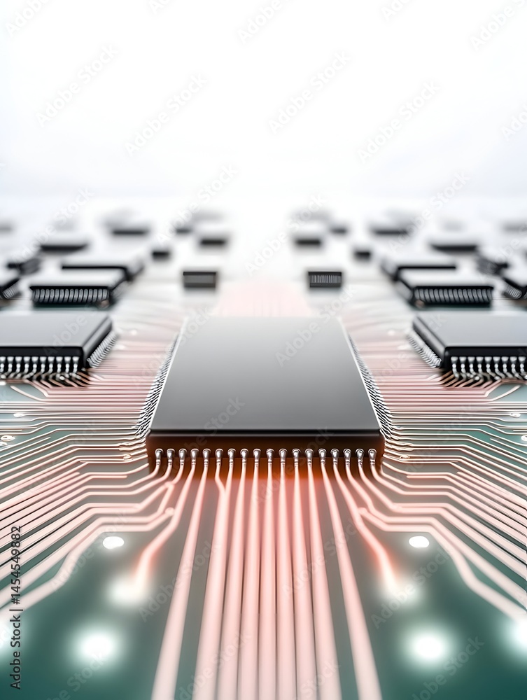 Aufkleber close-up of a central processing unit on a circuit board, with glowing copper traces connecting to n